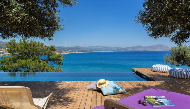 Architect desinged Villa on a hill with spectacular views over Vlycha Bay in vlicha lindos